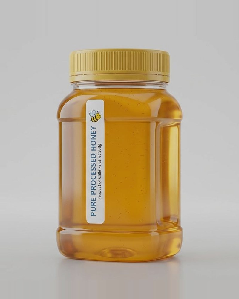 Envase plástico de miel procesada de góndola: filtrada y transparente